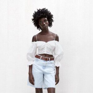 Zara white eyelet cropped peasant top size XS